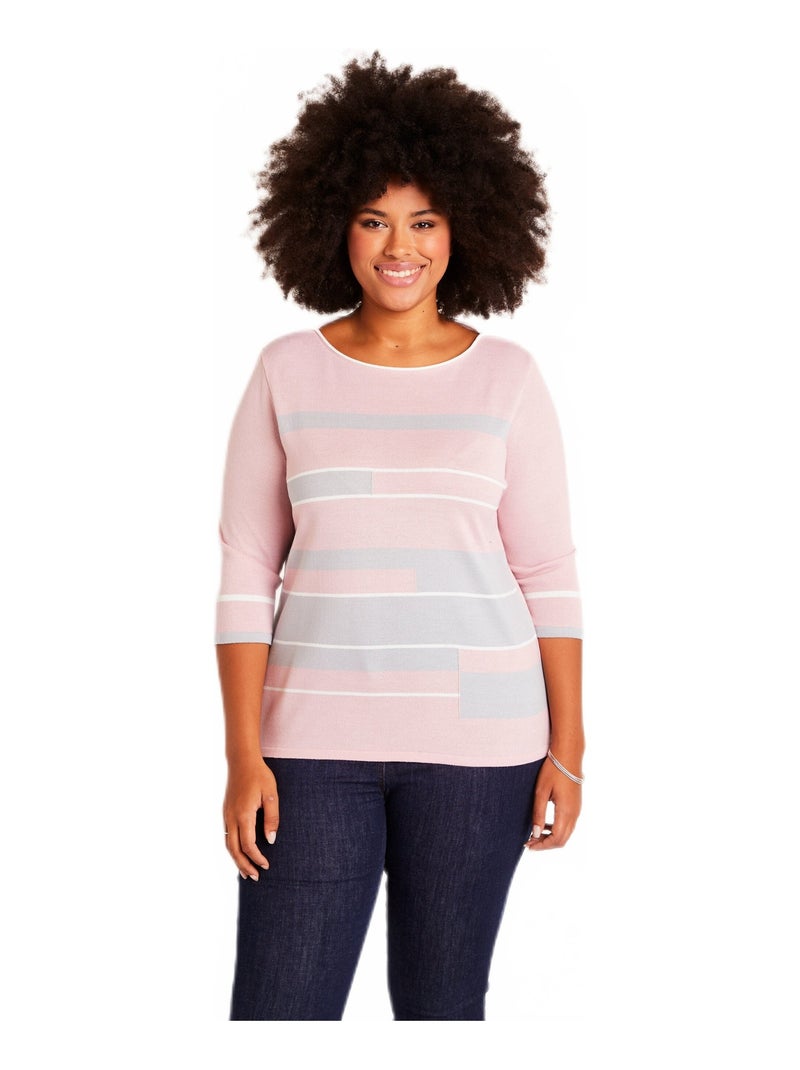 Pull manches 3/4 col bateau jacquard rayé devant Gris Rose - Kiabi