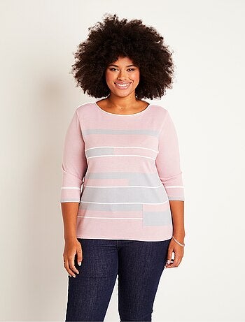 Pull manches 3/4 col bateau jacquard rayé devant