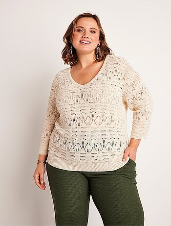 Pull manches 3/4 motif ajouré col V - Afibel