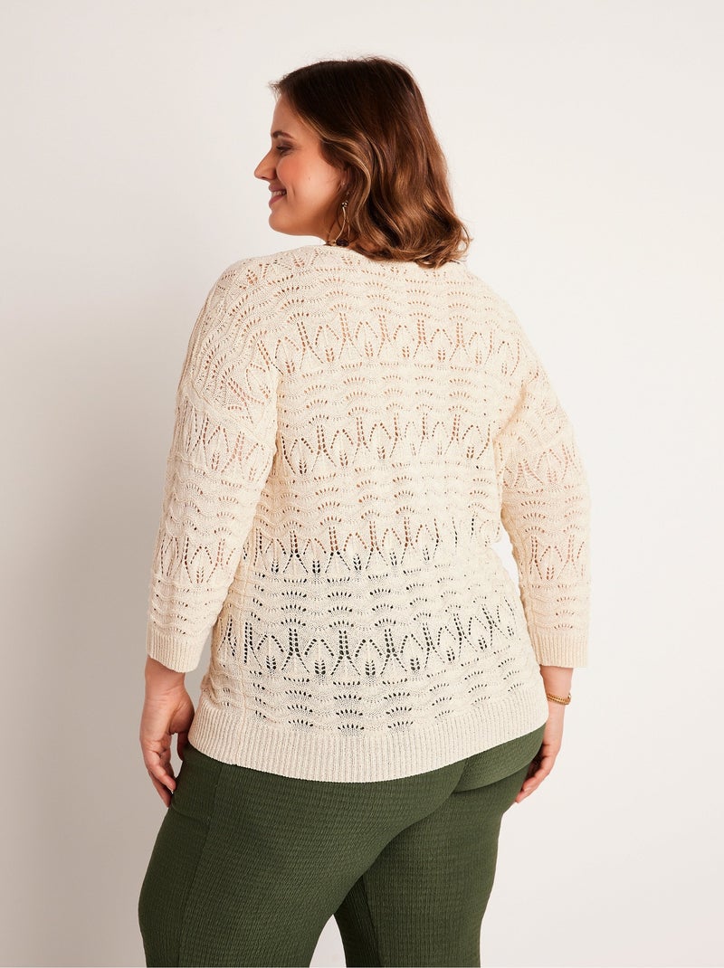 Pull manches 3/4 motif ajouré col V - Afibel Beige - Kiabi