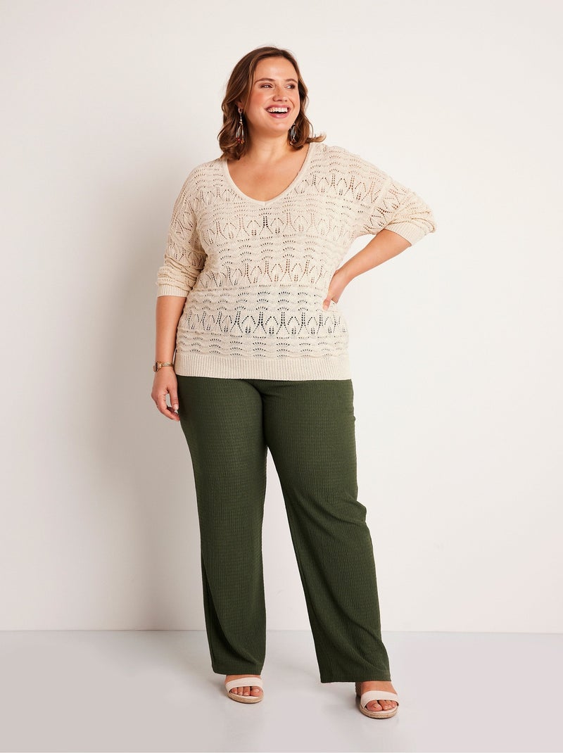 Pull manches 3/4 motif ajouré col V - Afibel Beige - Kiabi