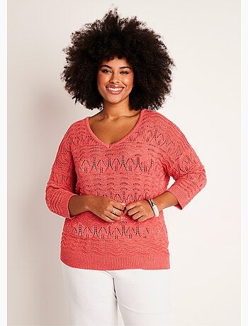 Pull manches 3/4 motif ajouré col V - Afibel
