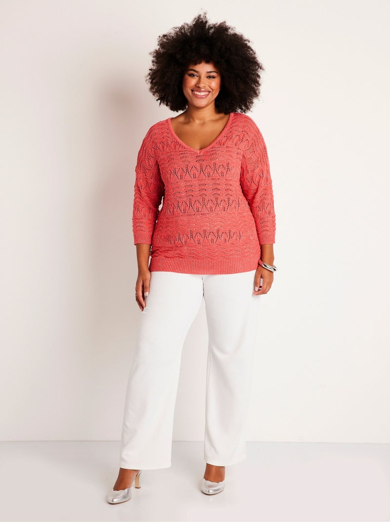 Pull manches 3/4 motif ajouré col V - Afibel Rose - Kiabi