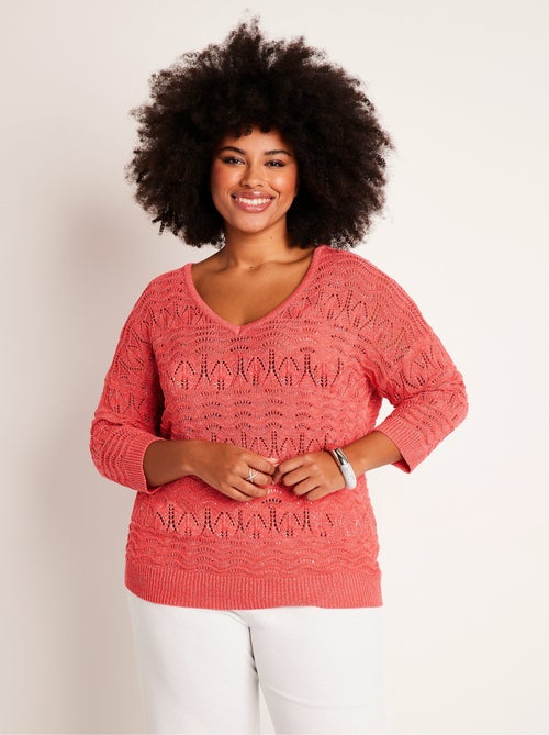 Pull manches 3/4 motif ajouré col V - Kiabi