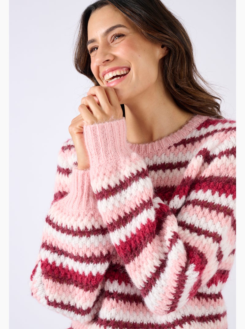 Pull manches ballon rayé - Damart Rouge - Kiabi