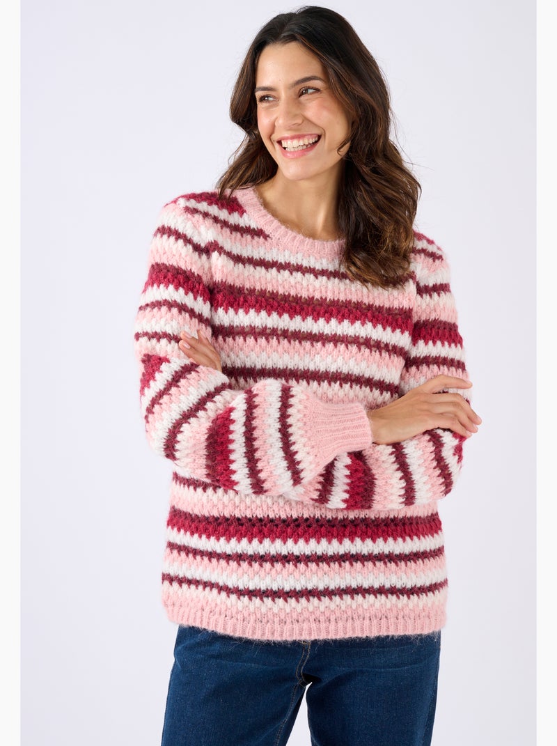 Pull manches ballon rayé - Damart Rouge - Kiabi