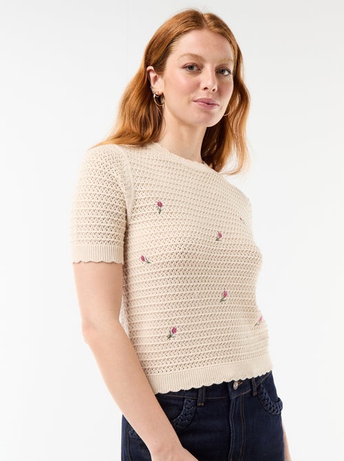Pull manches courtes à fleurs brodées - Kiabi