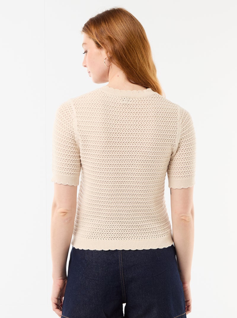 Pull manches courtes à fleurs brodées Beige - Kiabi