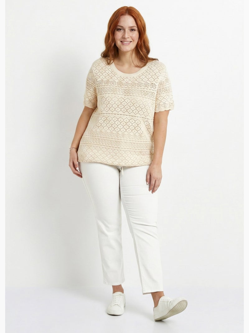 Pull manches courtes blousant ajouré col rond - Afibel Beige - Kiabi