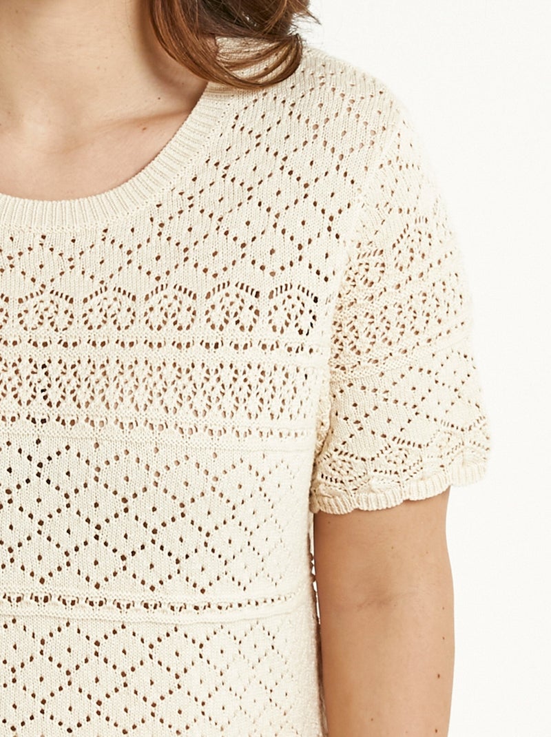 Pull manches courtes blousant ajouré col rond - Afibel Beige - Kiabi