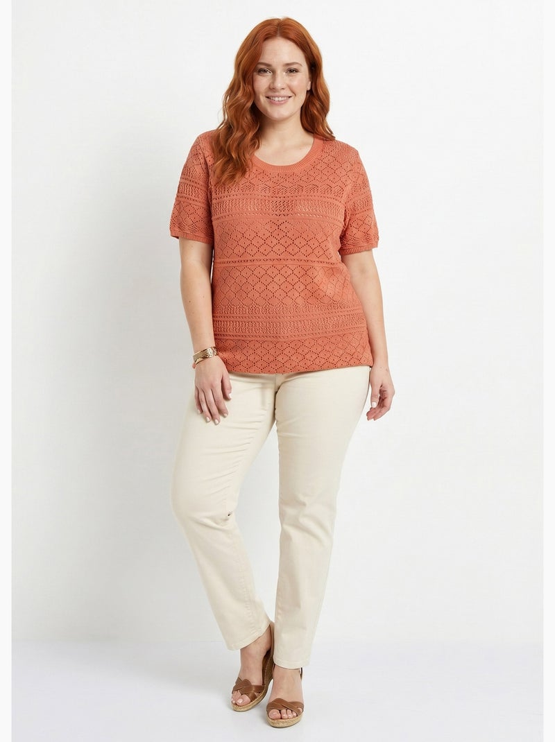 Pull manches courtes blousant ajouré col rond - Afibel Curry - Kiabi
