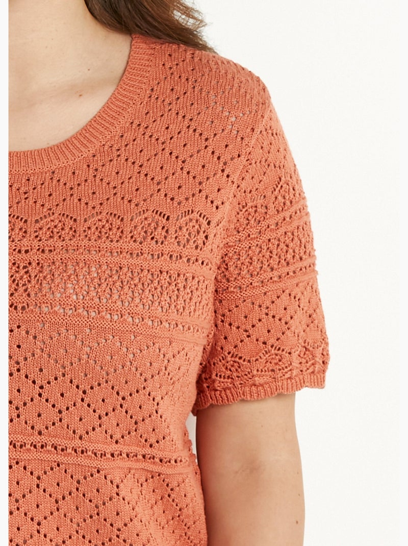 Pull manches courtes blousant ajouré col rond - Afibel Curry - Kiabi