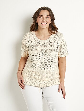 Pull manches courtes blousant ajouré col rond