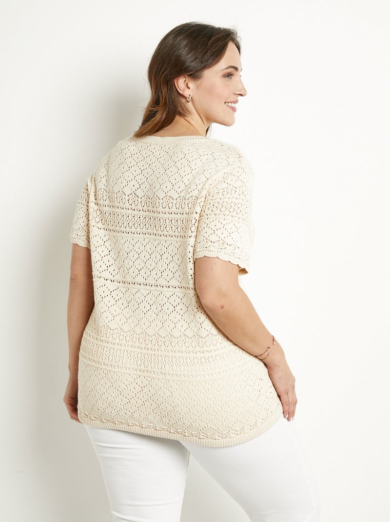 Pull manches courtes blousant ajouré col rond Beige - Kiabi