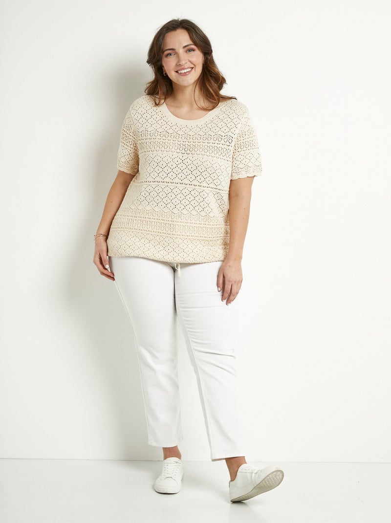 Pull manches courtes blousant ajouré col rond Beige - Kiabi