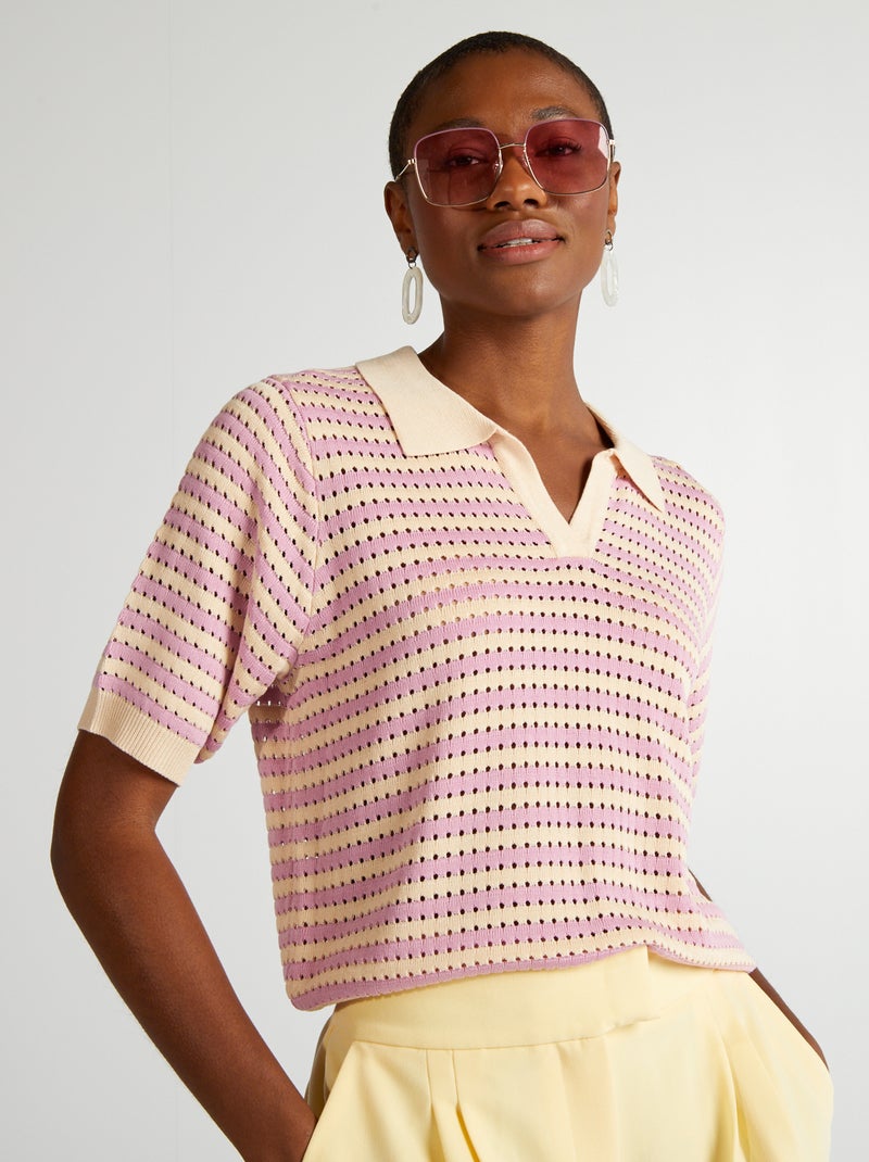 Pull manches courtes col polo Rose/beige - Kiabi