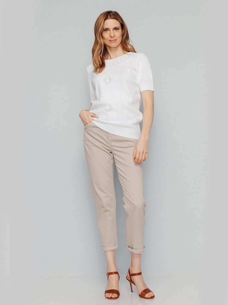 Pull manches courtes, détails ajourés - Afibel Blanc - Kiabi