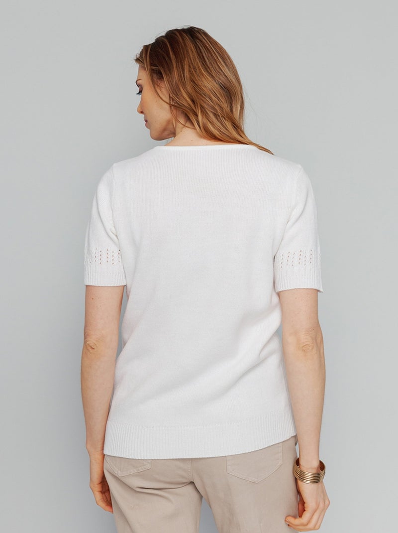 Pull manches courtes, détails ajourés Blanc - Kiabi