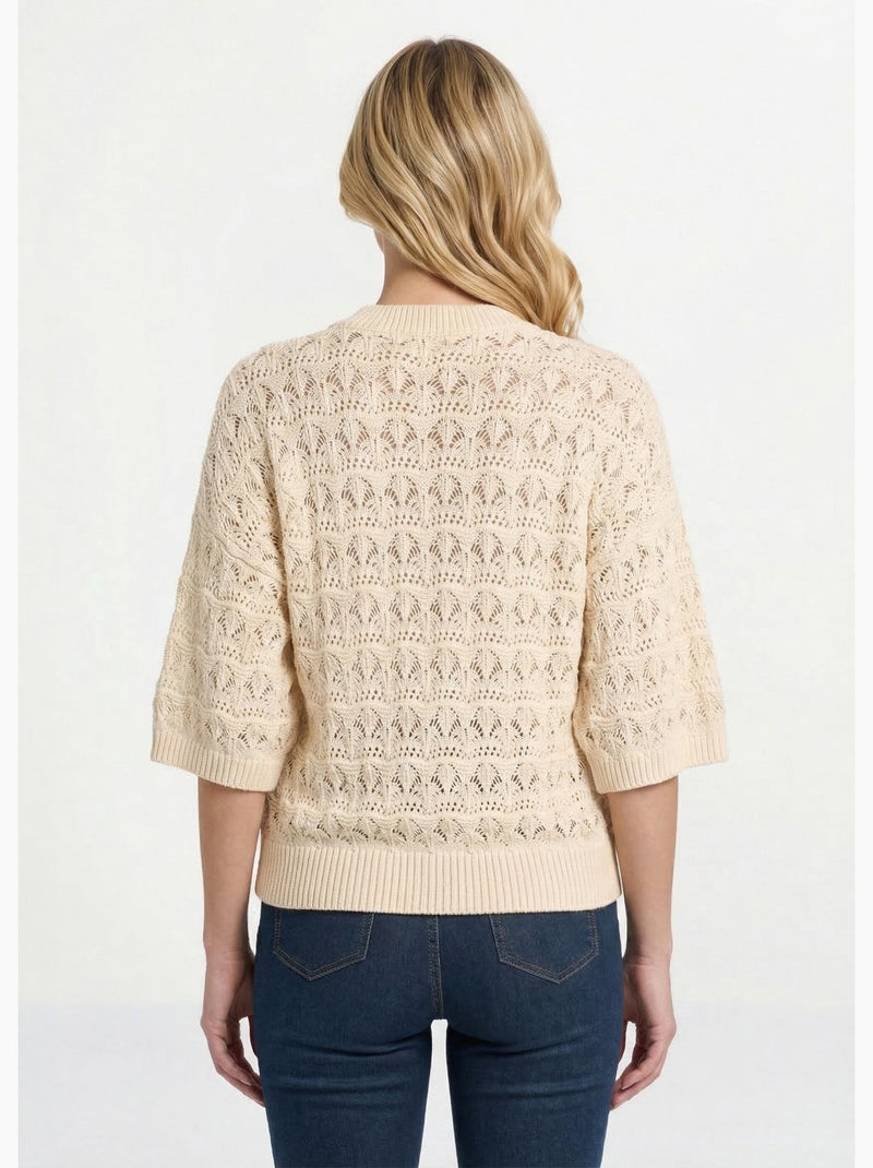Pull manches courtes en maille ajourée - Afibel Ecru - Kiabi