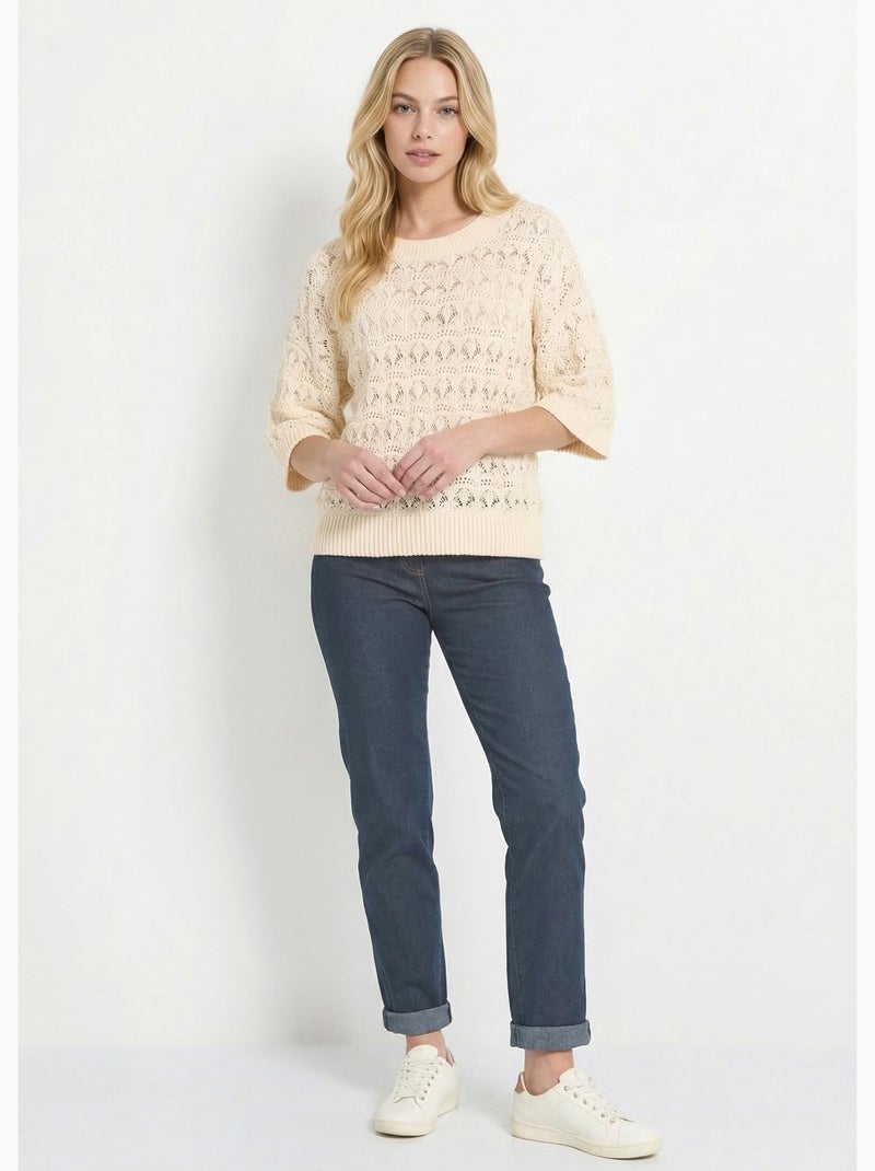 Pull manches courtes en maille ajourée - Afibel Ecru - Kiabi
