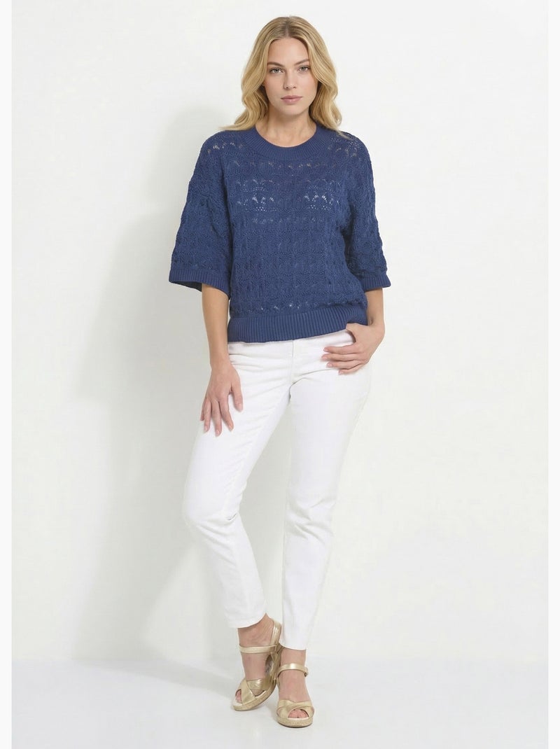 Pull manches courtes en maille ajourée - Afibel Indigo - Kiabi