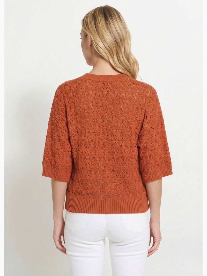 Pull manches courtes en maille ajourée - Afibel Rouge paprika - Kiabi