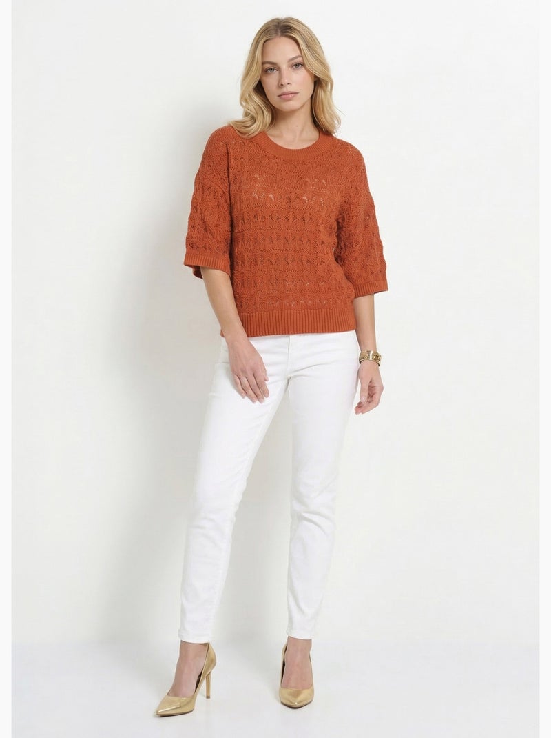 Pull manches courtes en maille ajourée - Afibel Rouge paprika - Kiabi