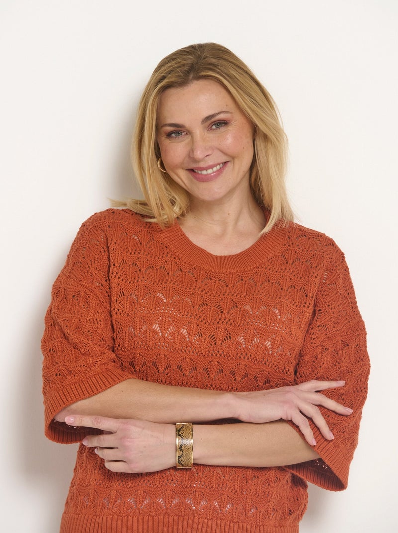 Pull manches courtes en maille ajourée Rouge - Kiabi