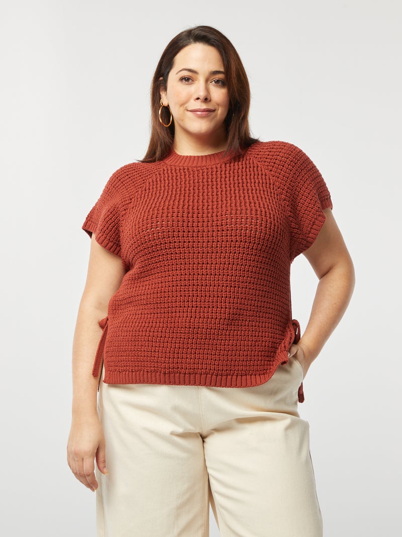 Pull manches courtes en maille large Rouge brique - Kiabi