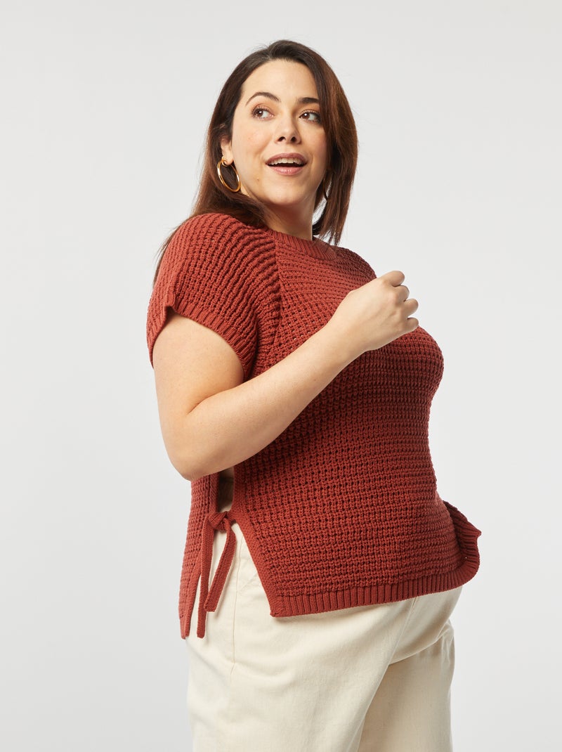 Pull manches courtes en maille large Rouge brique - Kiabi