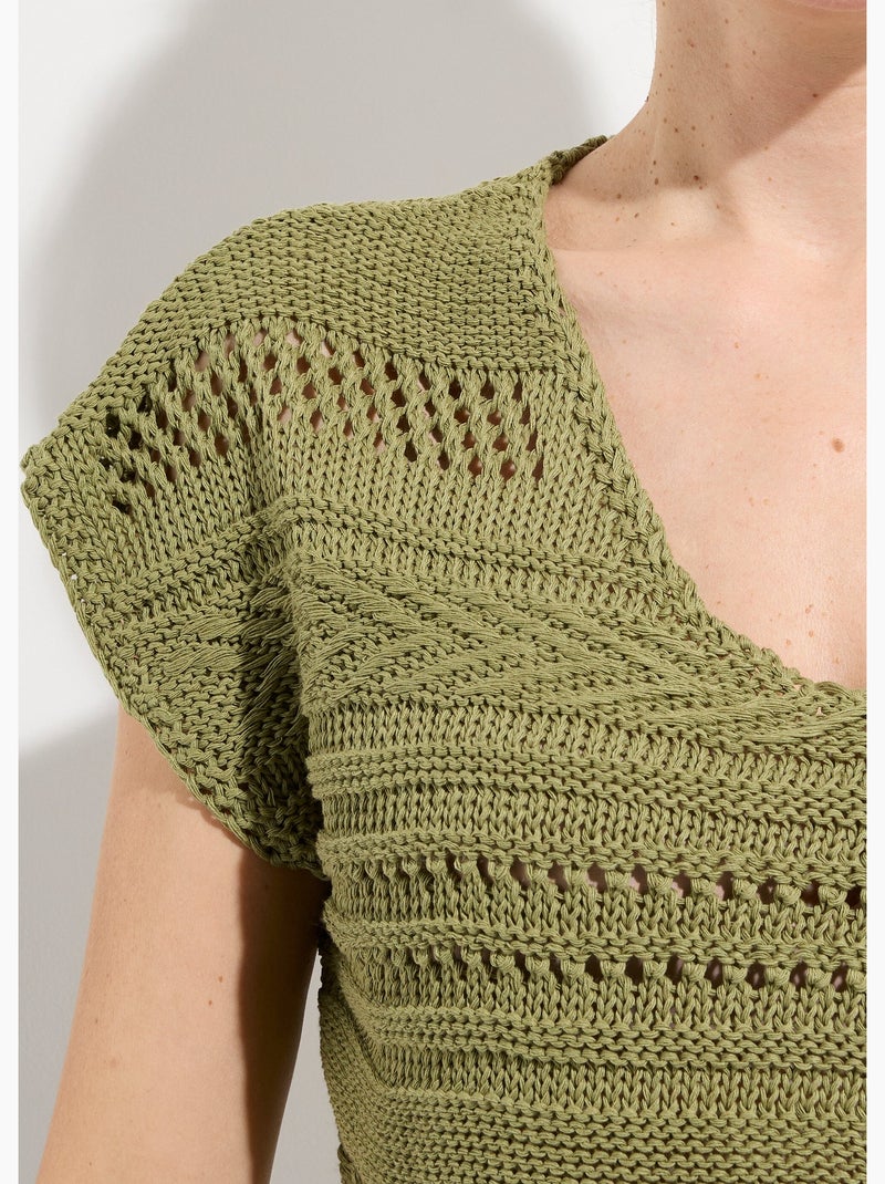 Pull manches courtes grosse maille - Afibel Kaki - Kiabi