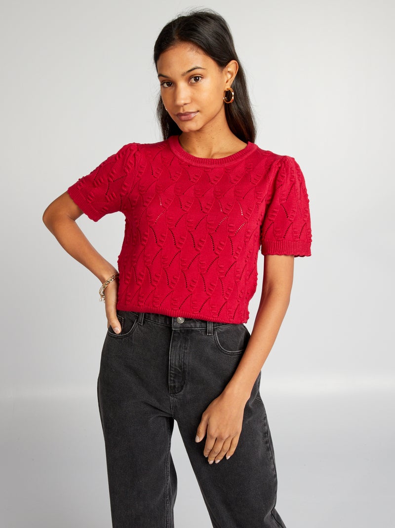 Pull manches courtes maille fantaisie Bordeaux - Kiabi