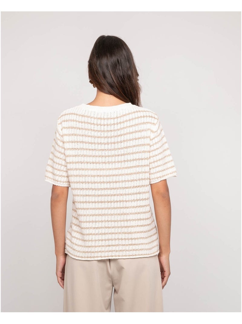 Pull manches courtes rayures lurex KIZAIA Ecru - Kiabi