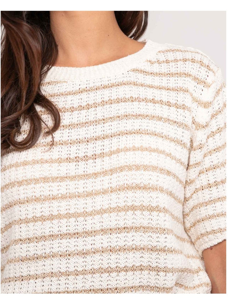 Pull manches courtes rayures lurex KIZAIA Ecru - Kiabi