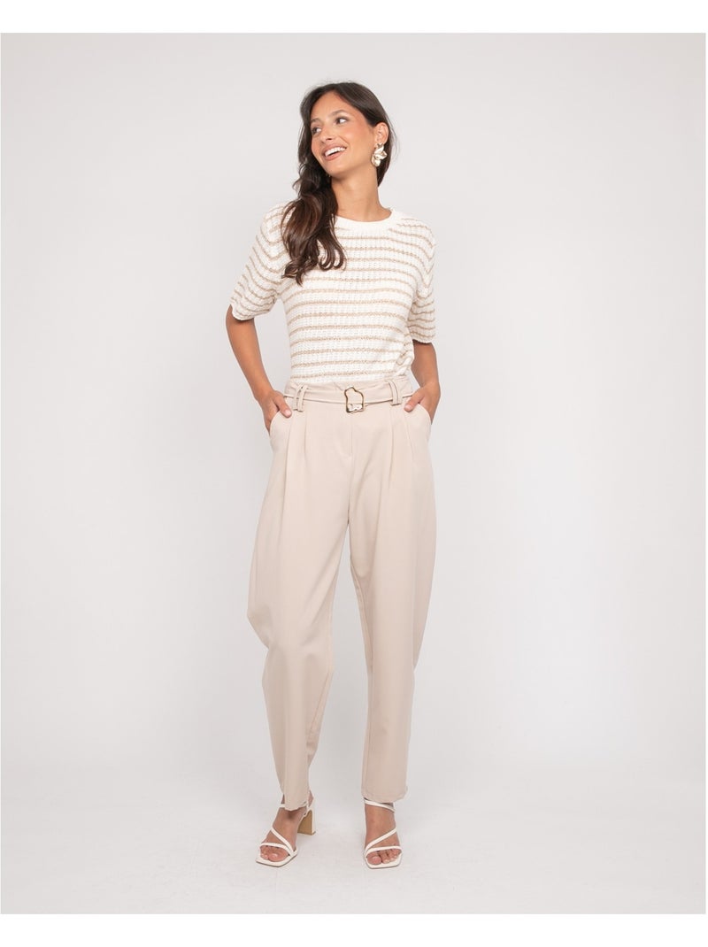 Pull manches courtes rayures lurex KIZAIA Ecru - Kiabi