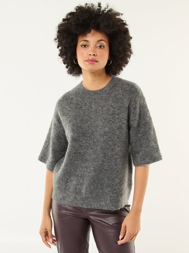 Pull manches courtes uni en mohair Gris - Kiabi