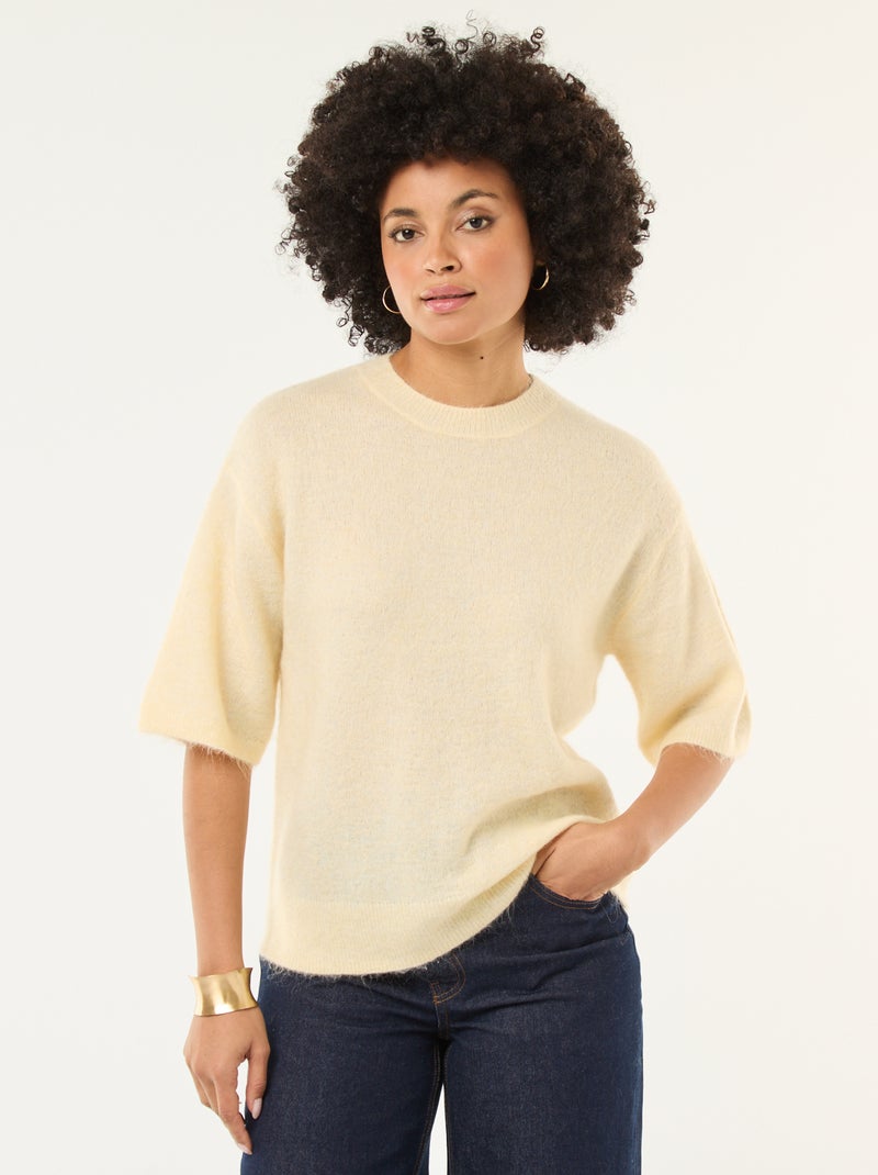 Pull manches courtes uni en mohair Jaune - Kiabi