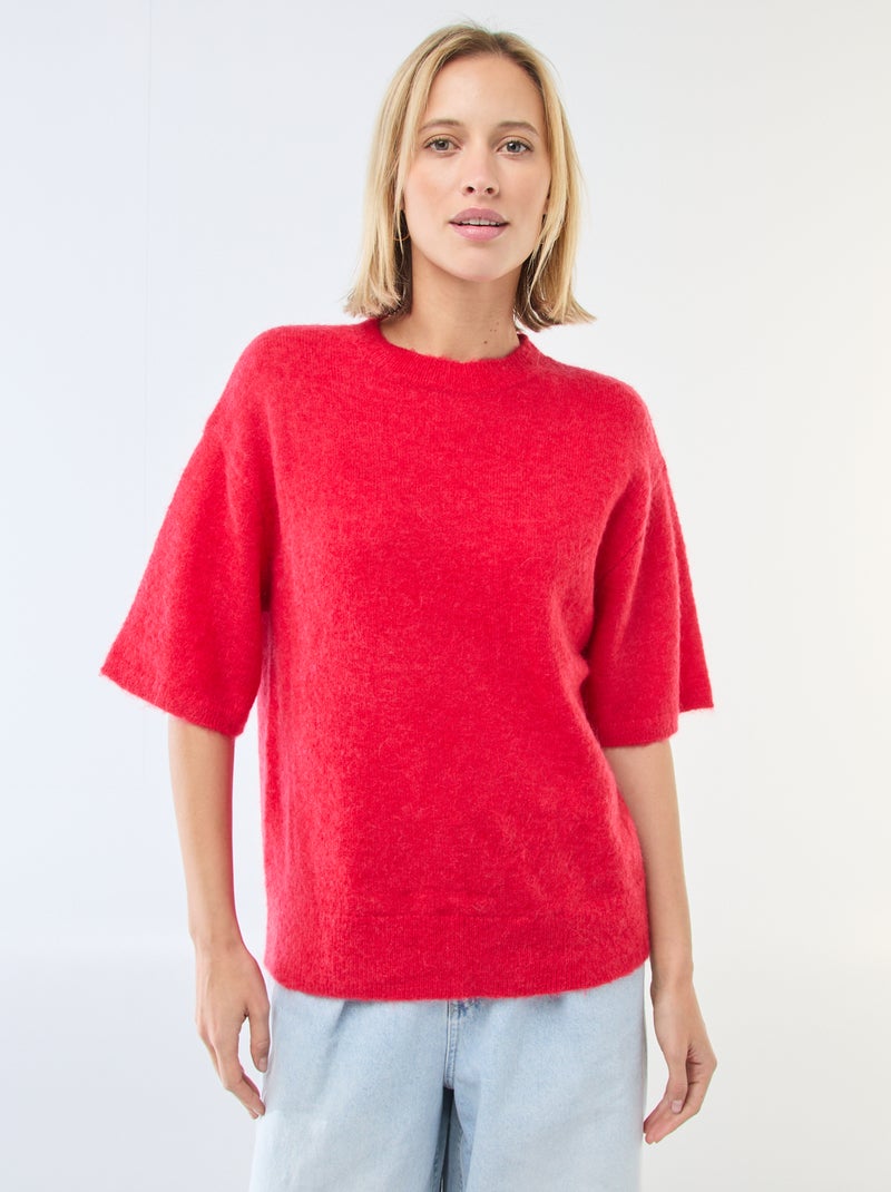 Pull manches courtes uni en mohair Rouge - Kiabi