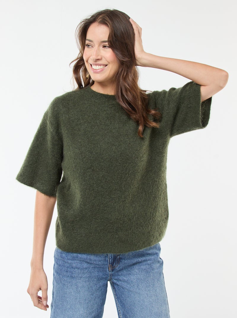 Pull manches courtes uni en mohair Vert - Kiabi