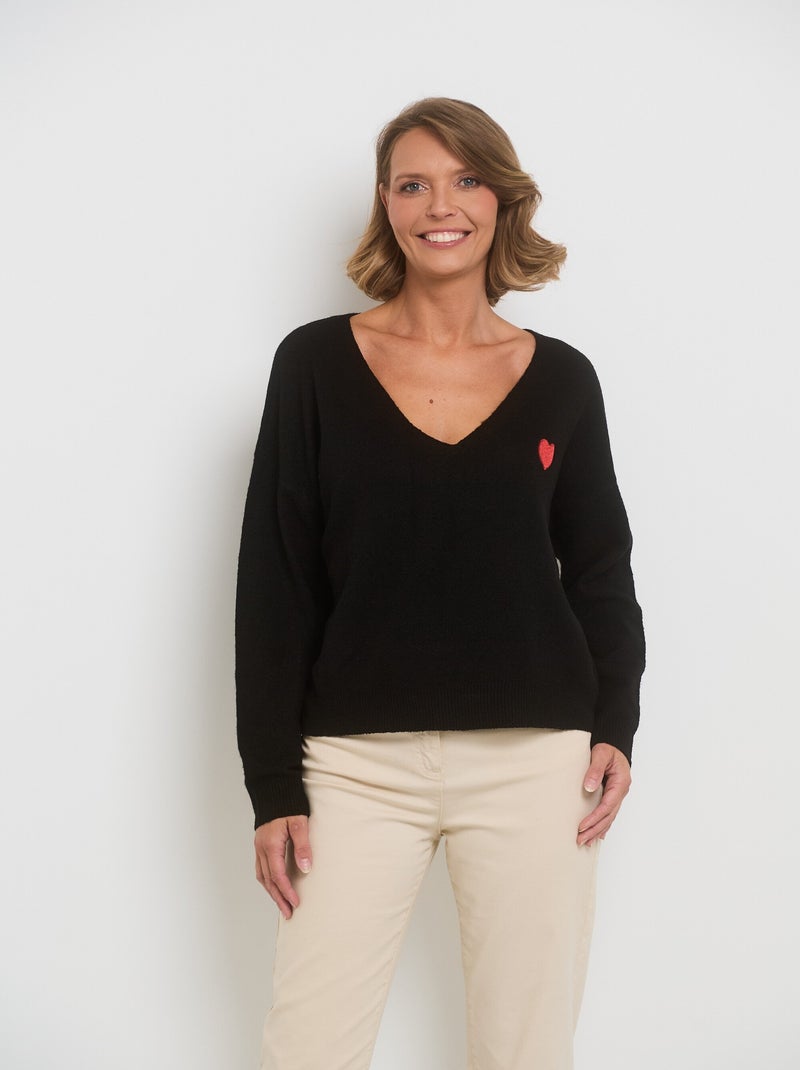Pull manches longues broderie c¿ur Noir - Kiabi