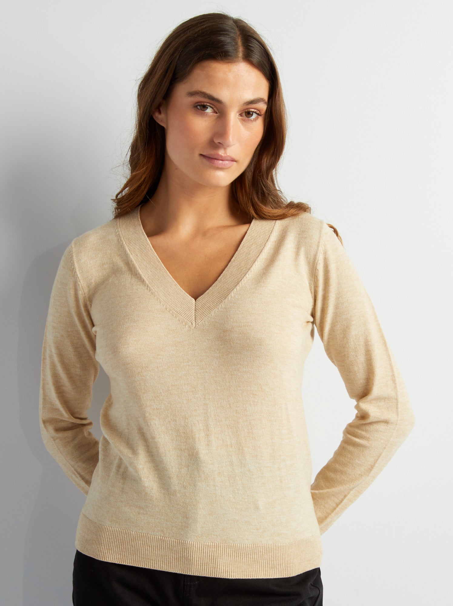 T-shirt Femme Manches Longues Col V - Style Décontracté - Printemps/Automne