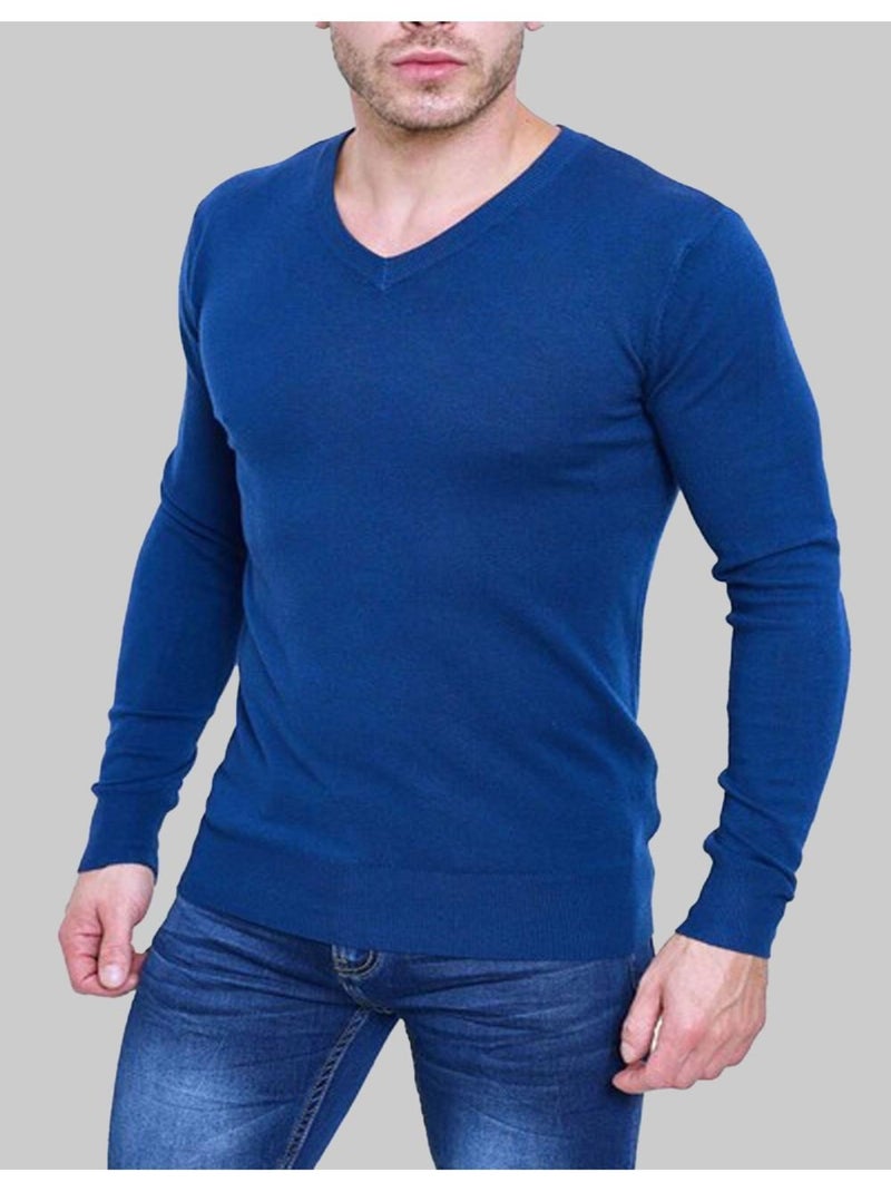 Pull manches longues col V Kebello Bleu - Kiabi