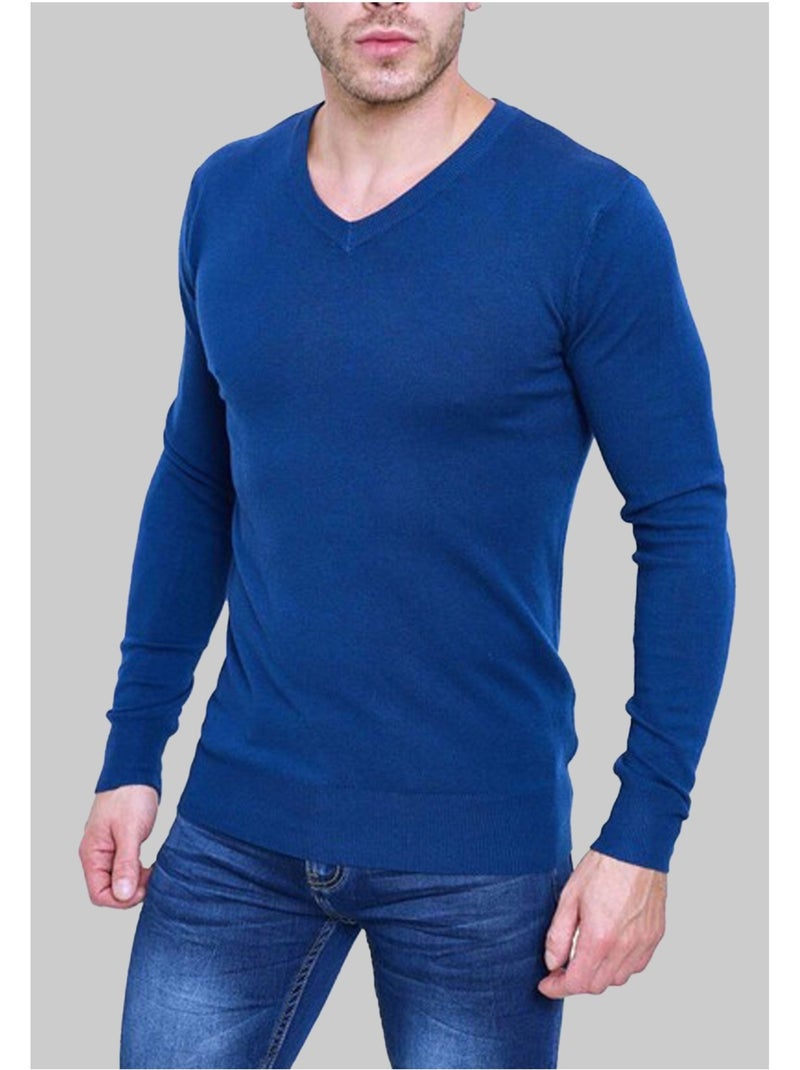 Pull manches longues col V Kebello Bleu - Kiabi
