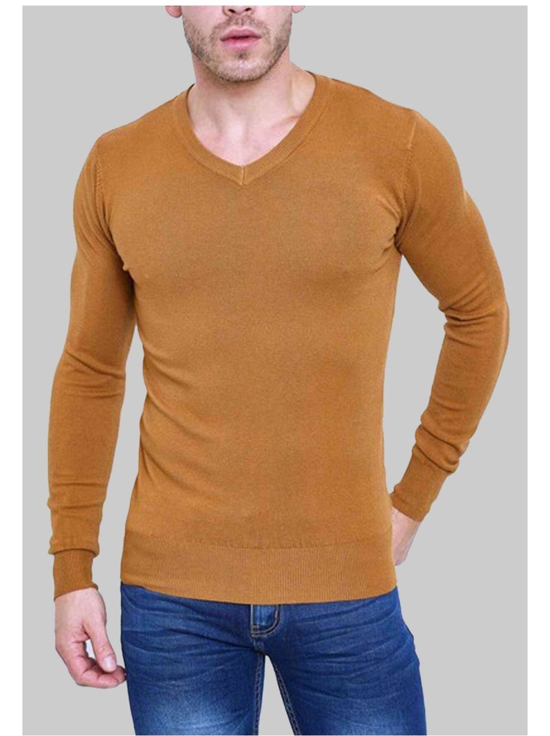 Pull manches longues col V Kebello Marron - Kiabi