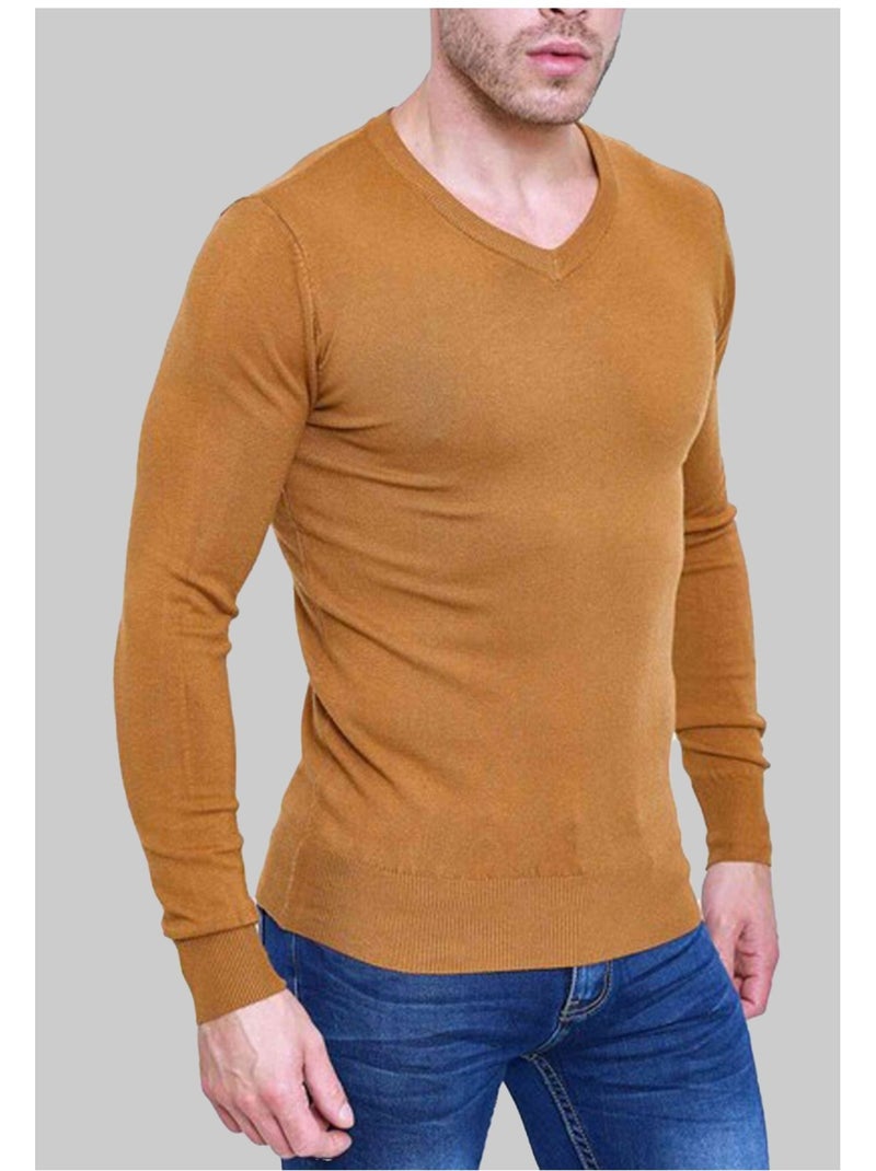 Pull manches longues col V Kebello Marron - Kiabi