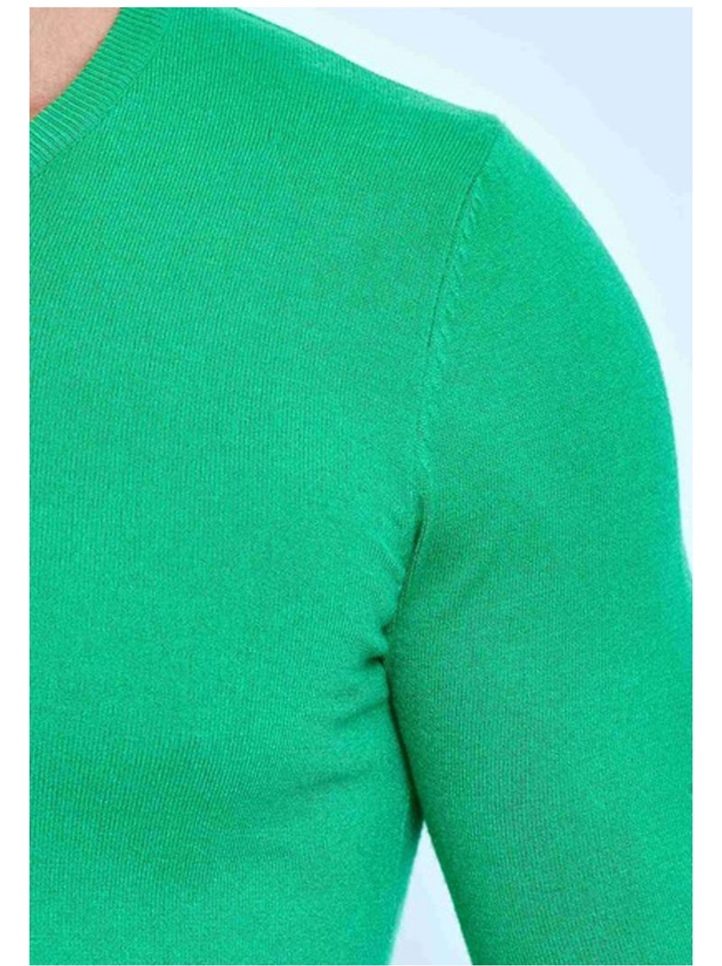 Pull manches longues col V Kebello Vert - Kiabi