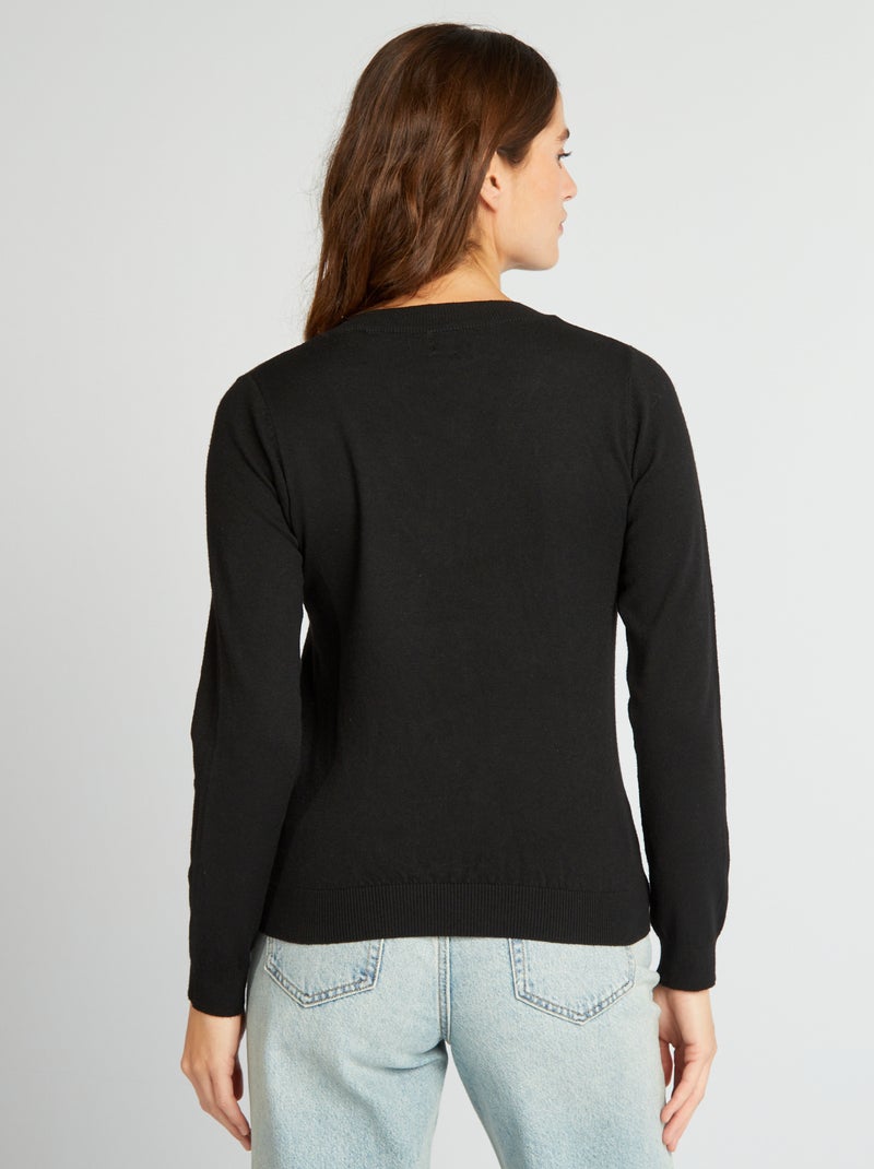 Pull manches longues col V noir - Kiabi