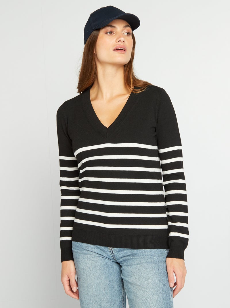 Pull manches longues col V Noir/blanc - Kiabi