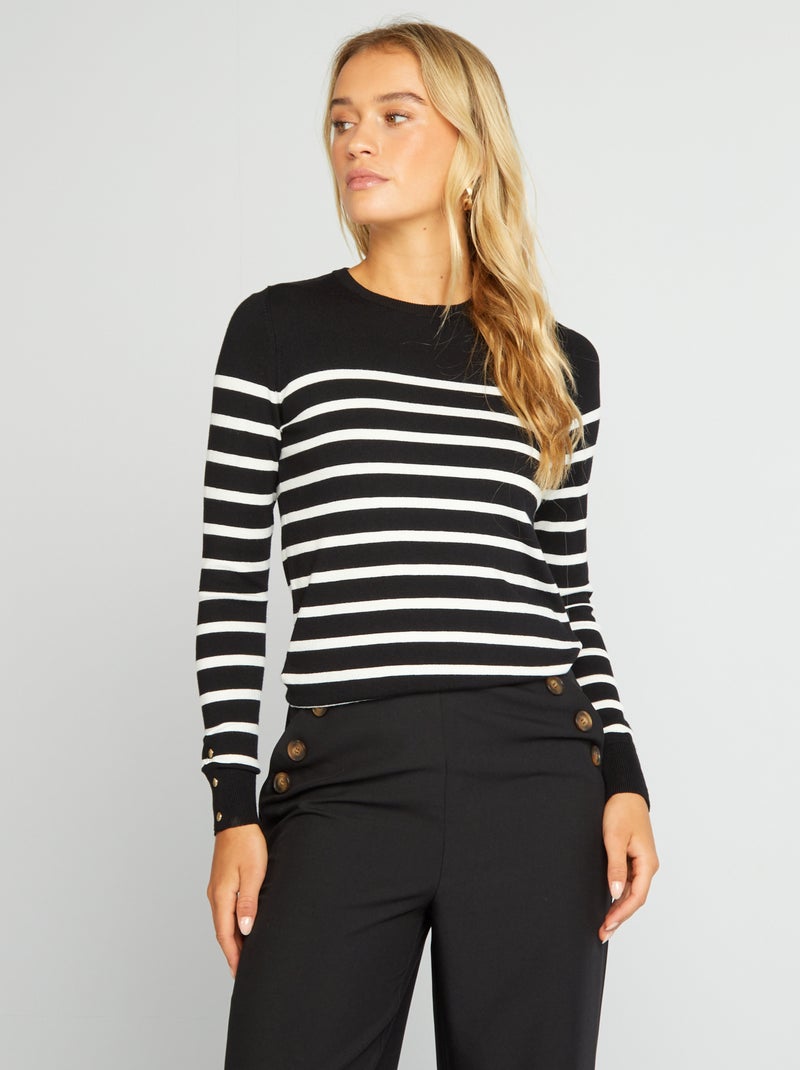 Pull manches longues maille fine Blanc/noir - Kiabi