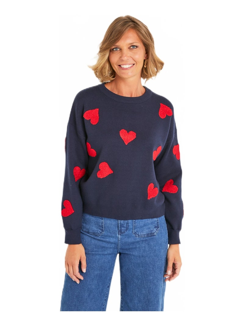 Pull manches longues motif gros c¿urs Bleu Rouge - Kiabi